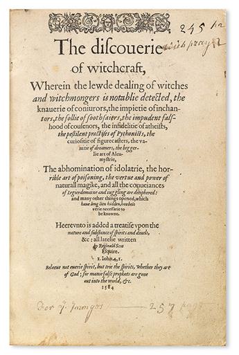 SCOT, REGINALD. The Discoverie of Witchcraft.  1584.  With the 2 unnumbered leaves of conjuring illustrations possibly in facsimile.